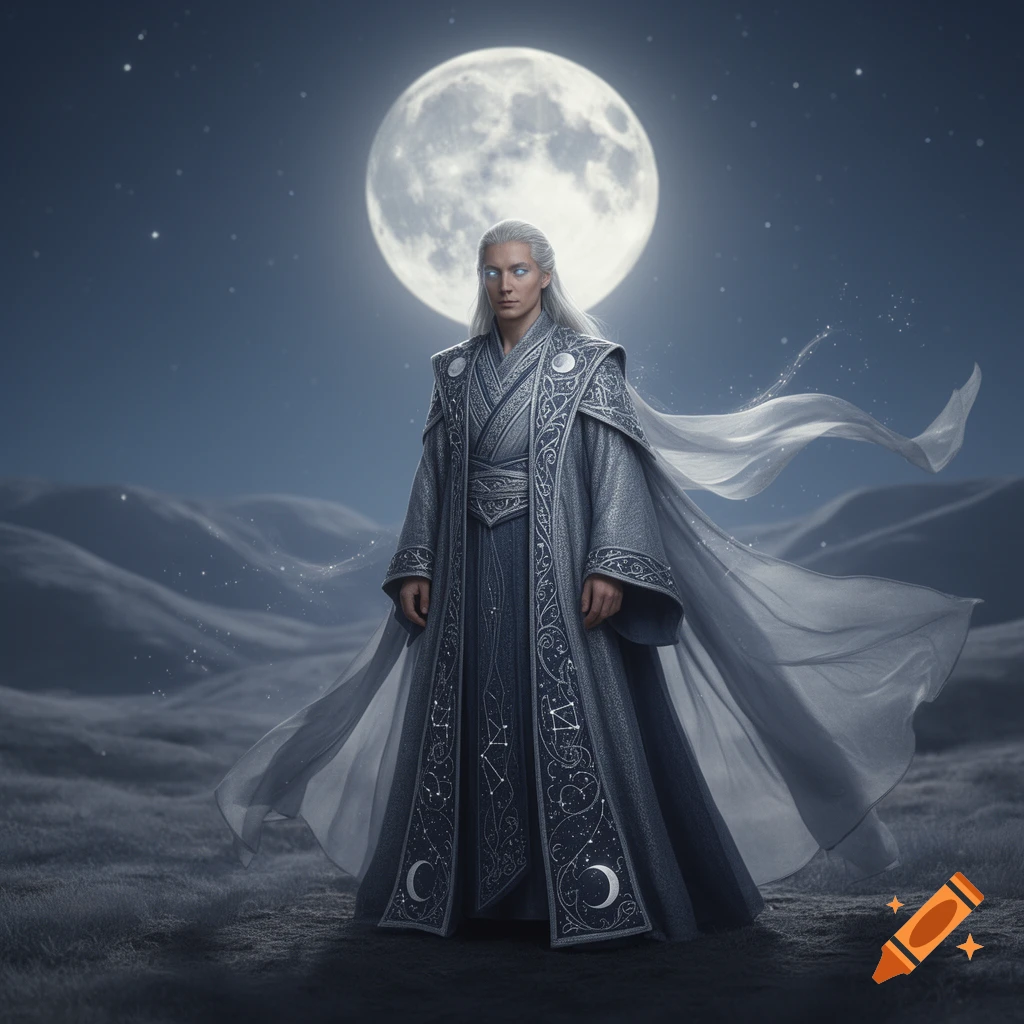 A silver-robed lunar sorcerer with white hair and glowing eyes stands under a large full moon and starry night sky.