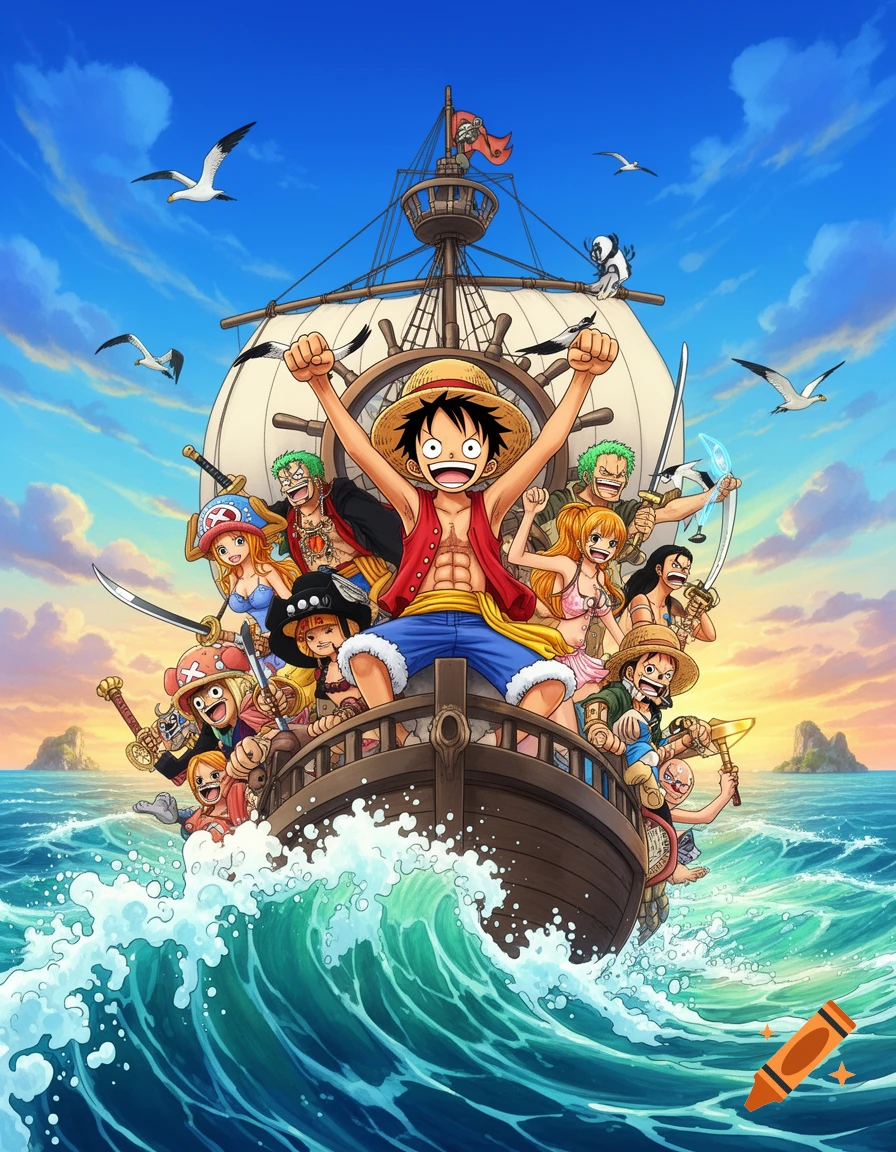 The Straw Hat Pirates, led by Luffy, stand triumphantly on their pirate ship sailing through a wavy blue ocean under a sunny sky in an anime style.