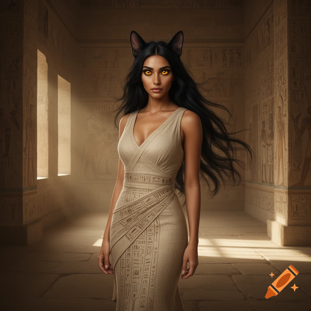 A photorealistic woman with cat ears and glowing yellow eyes in a beige dress with hieroglyphs, standing in an ancient Egyptian temple.