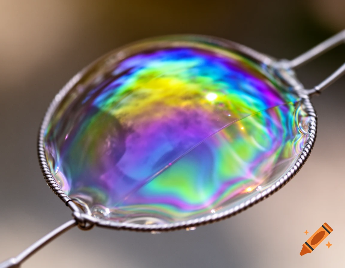 Close-up of a soap film on a wire loop, showing vibrant rainbow iridescence.