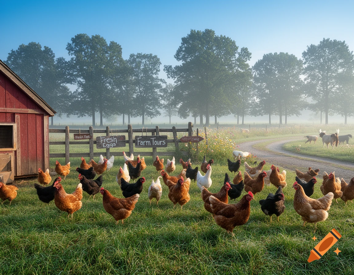 Many free-range chickens roam a grassy farm field in front of a red barn and wooden fence with 'Fresh Eggs' and 'Farm Tours' signs, with misty trees and a dirt path in the background.