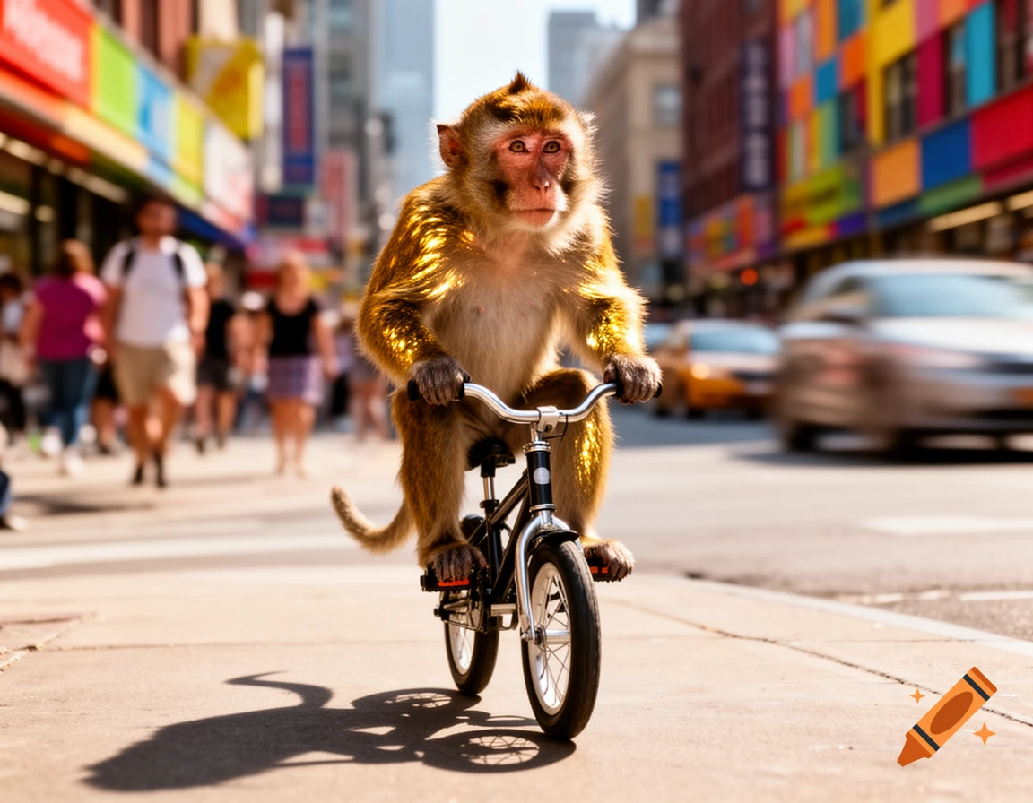 A photorealistic image of a monkey riding a small bicycle on a sunny city sidewalk, with blurred pedestrians and traffic in the background.