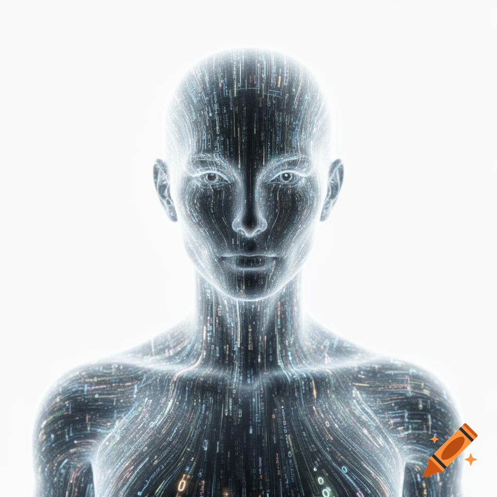 A glowing, semi-transparent humanoid figure made of light and data streams, against a white background, looking forward. Digital art.