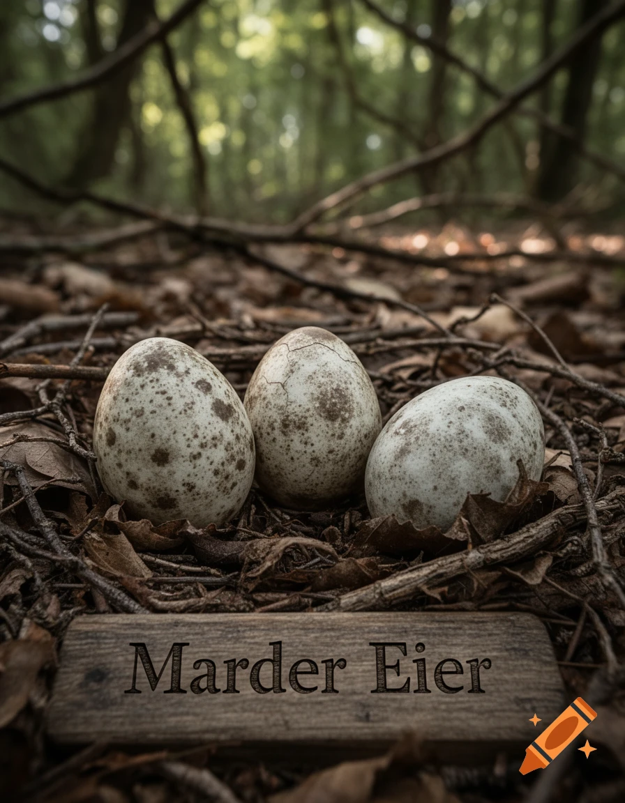 Three speckled eggs rest in a nest on a forest floor, with a wooden sign in front reading "Marder Eier".