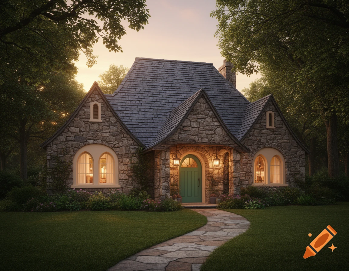 Photorealistic storybook stone cottage at golden hour, with glowing windows, a green door, and a curved stone path through a lawn surrounded by trees.