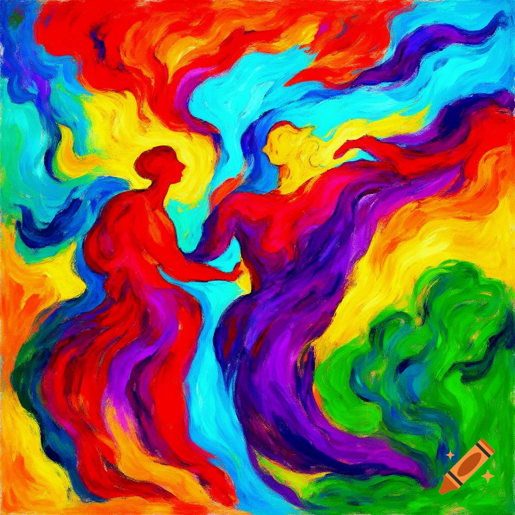 A vibrant fauvist painting of two abstract figures swirling amidst a burst of red, yellow, blue, and green colors.