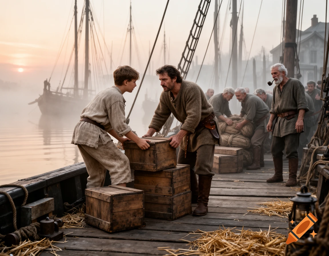 A young lad and an older man load wooden crates on a misty medieval dock, surrounded by other workers and sailing ships at sunrise.