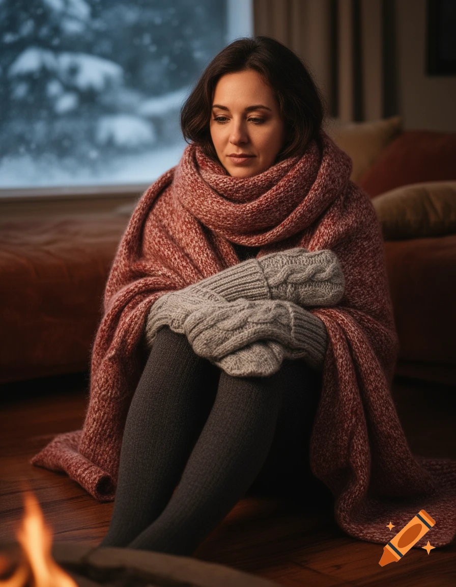 A cozy woman wrapped in a red blanket and gray mittens sits on a wooden floor by a fireplace, looking out a snowy window.