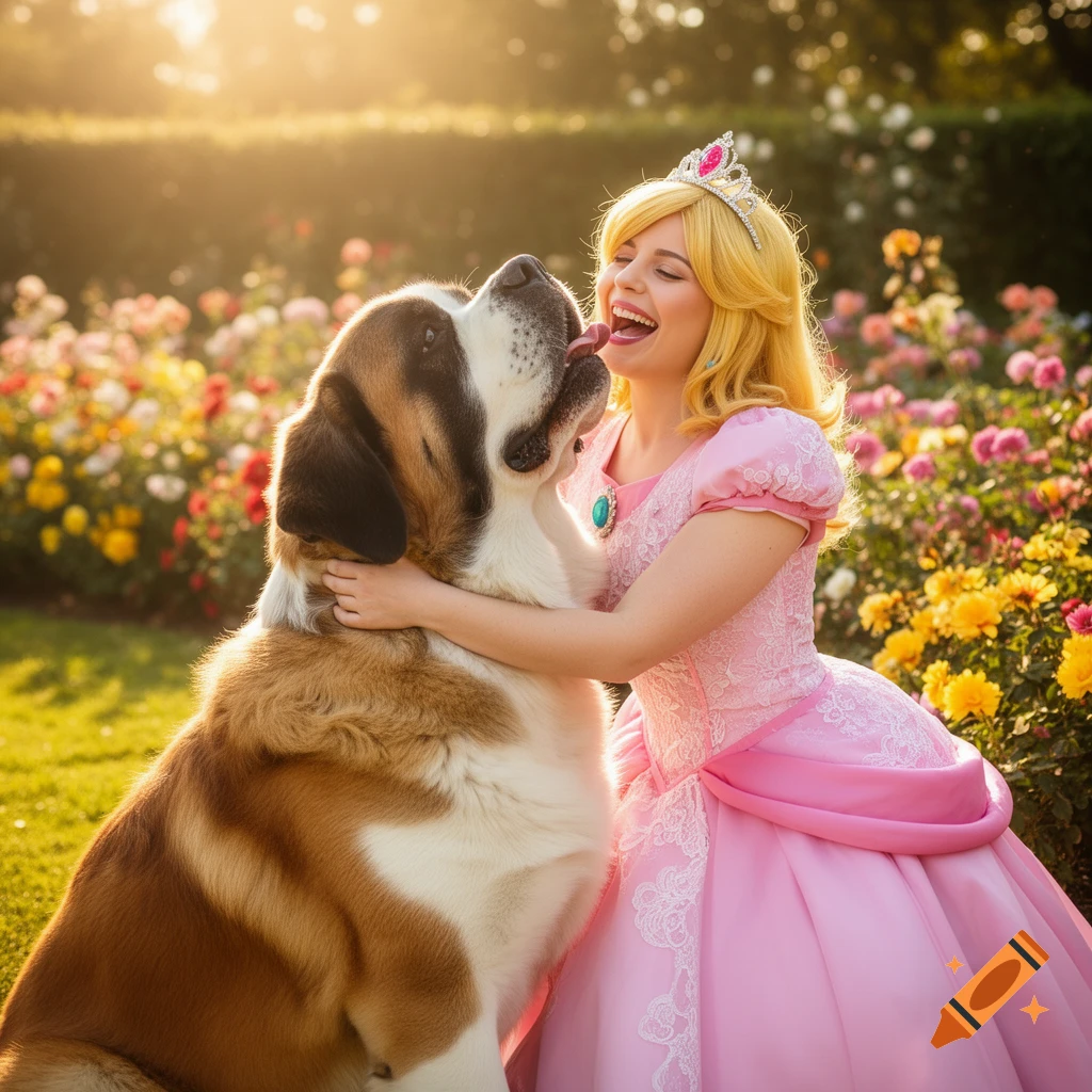 Princess Peach in a pink dress hugging a St. Bernard dog in a sunny garden with colorful flowers, the dog licks her face.