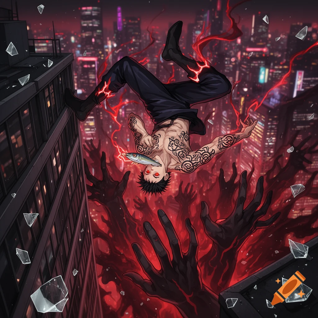 Anime character Sukuna falls headfirst from a skyscraper in a dark city, eating a fish amid red energy and shadowy hands.