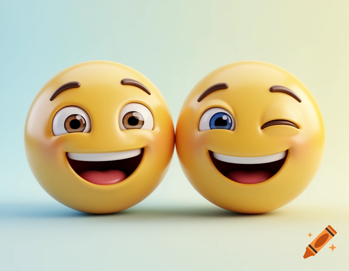 Two 3D emojis, one broadly smiling with brown eyes, the other winking with a blue eye, against a soft gradient background.
