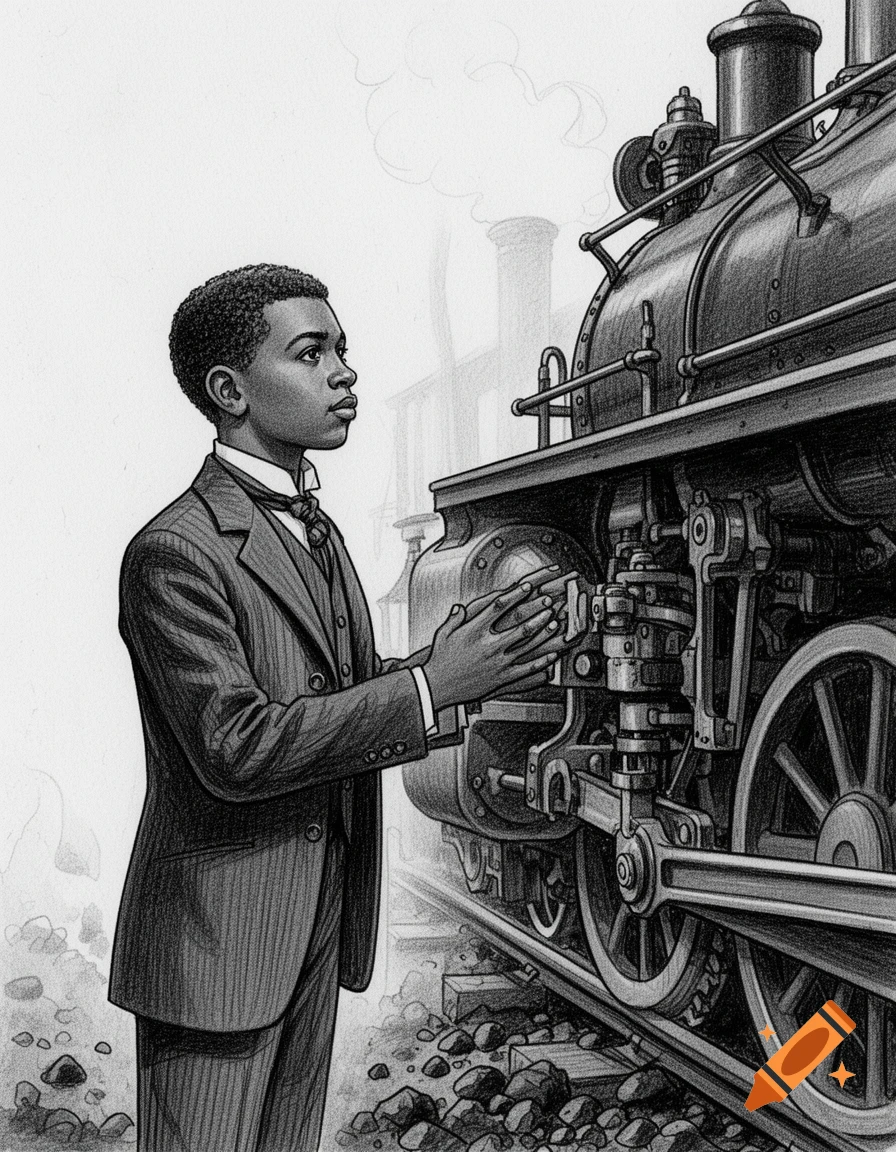 Black and white pencil drawing of a young Black boy in a suit looking at a large steam engine on train tracks.