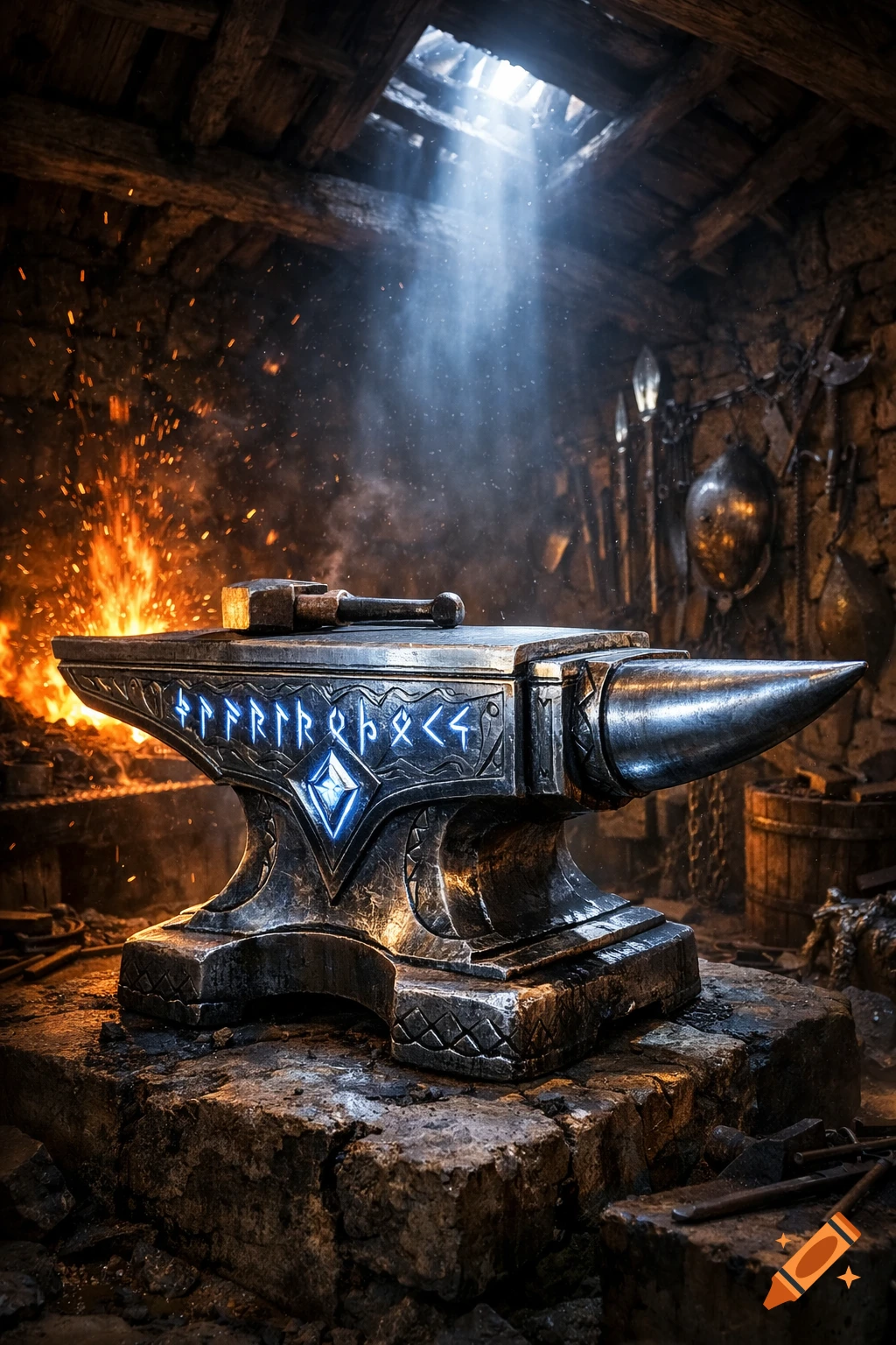 A magical anvil with glowing blue runes sits in a fantasy forge, illuminated by light from an overhead window and sparks from a fire.