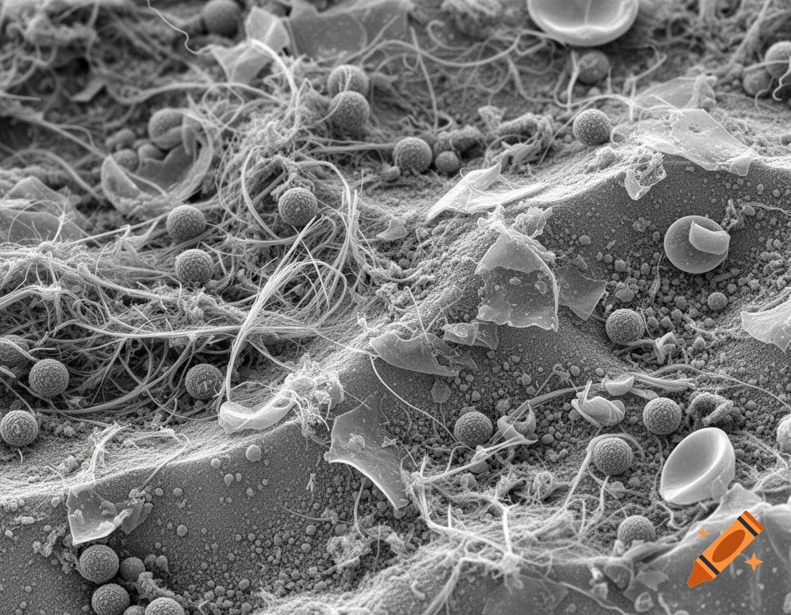 A detailed black and white electron microscope image of house dust, showing various fibers, spherical spores, and irregular particles.