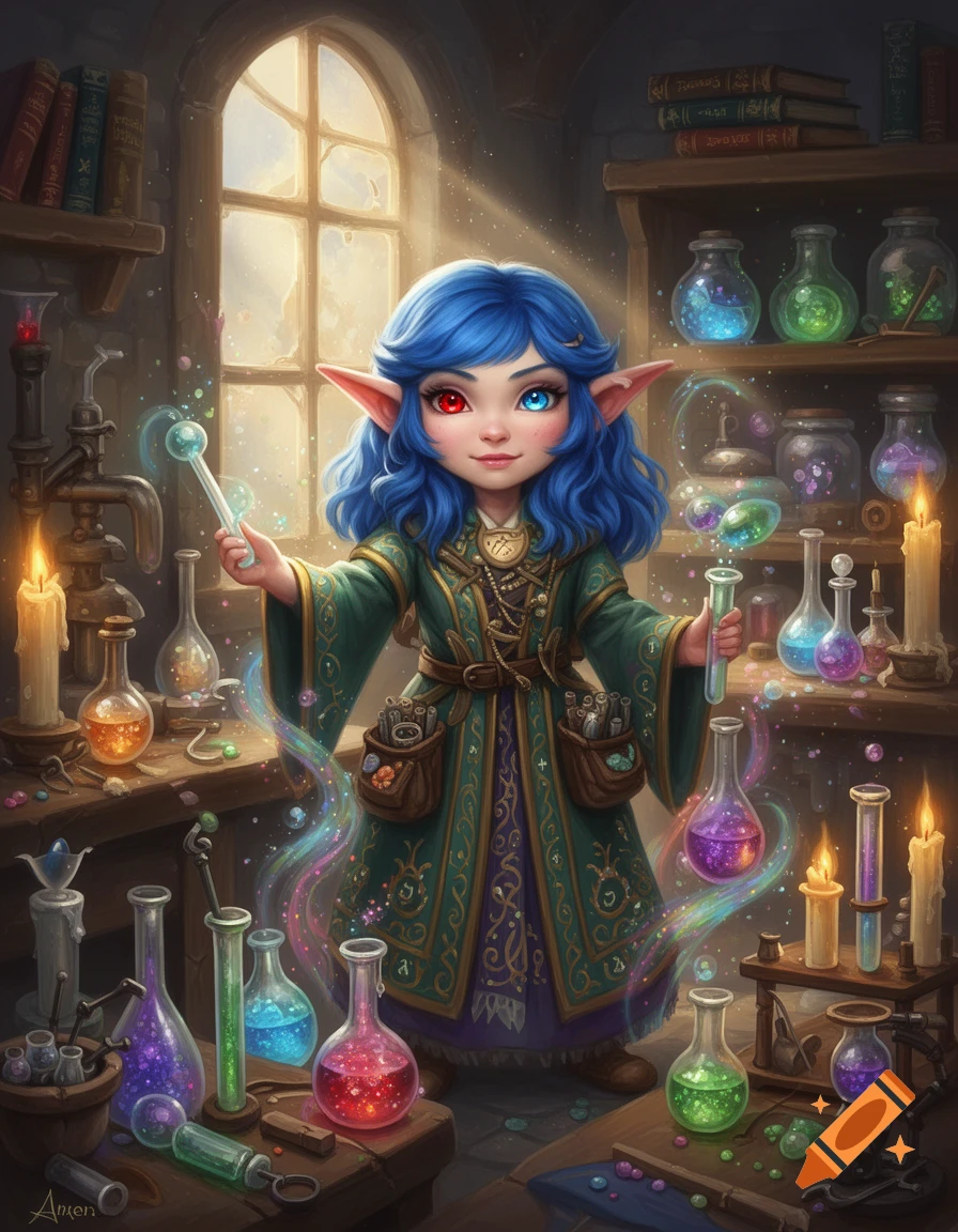 A blue-haired elf alchemist with one red and one blue eye stands in a magical laboratory filled with colorful potions.