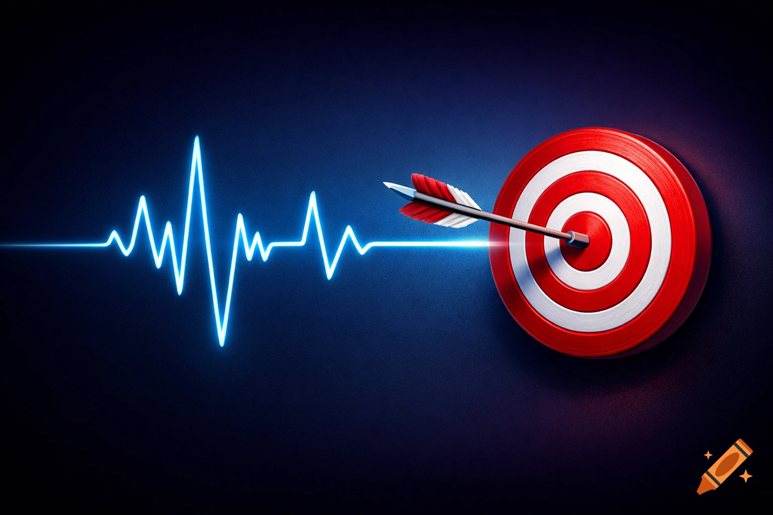 A glowing blue heartbeat line leading to a red and white target with an arrow hitting the bullseye, on a dark blue background.