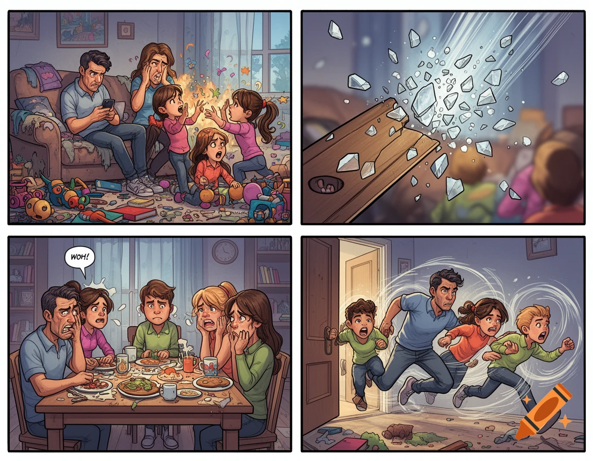 A four-panel comic strip depicting a family's chaotic day: messy living room, something breaking, bad dinner, and finally running out of the house.