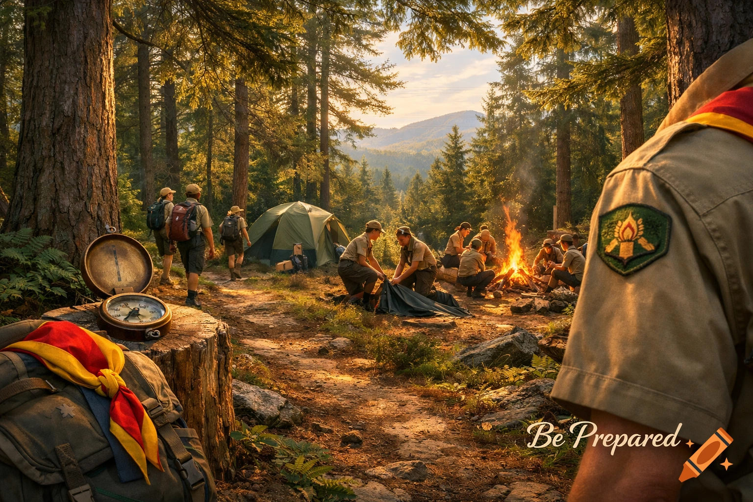 Photorealistic image of scouts camping in a sun-dappled forest, with tents, a campfire, and a compass in the foreground. Text reads 'Be Prepared'.
