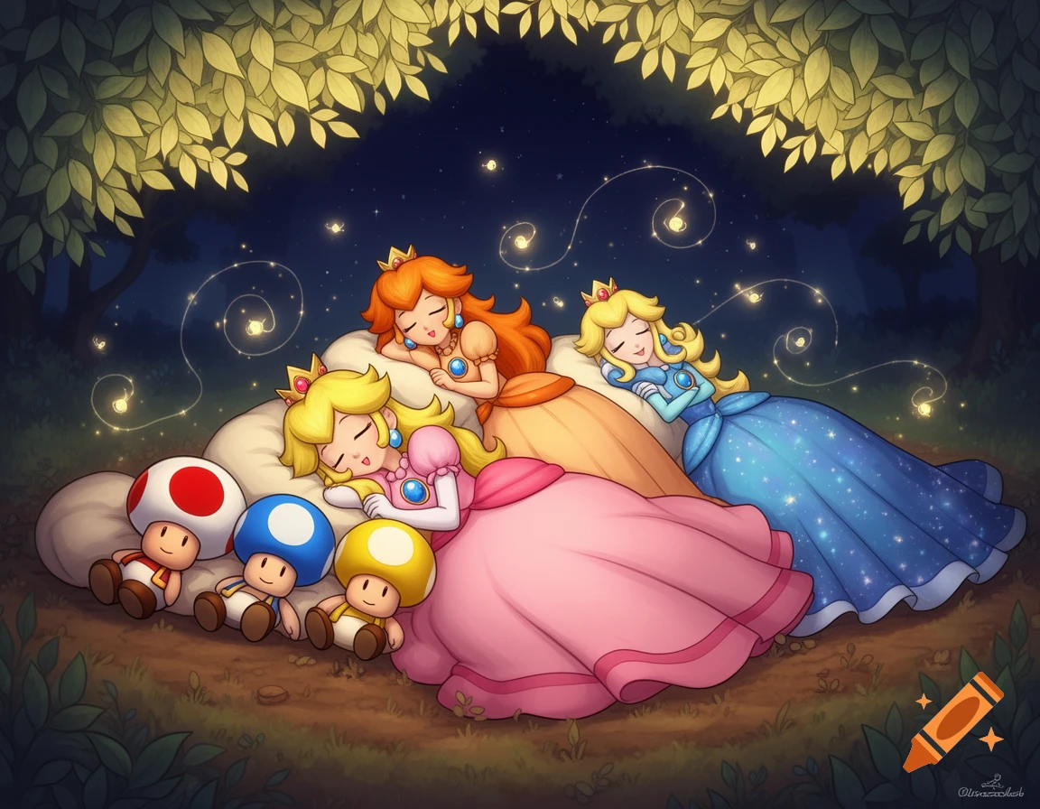 Princess Peach, Daisy, Rosalina, and three Toads sleep under glowing leaves and fireflies in a whimsical night forest illustration.