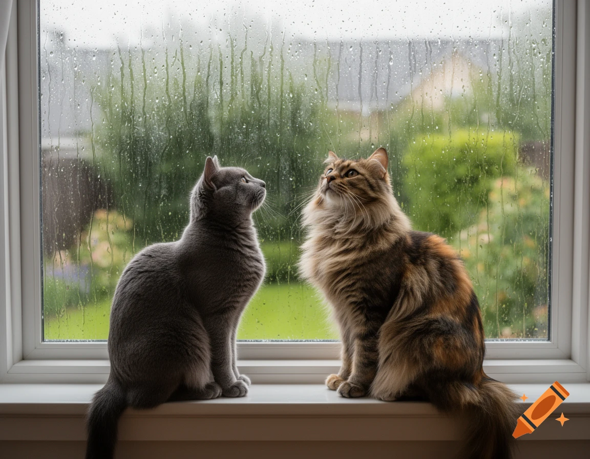 Two cats, one gray and one calico, sit on a white window sill looking up at a rain-streaked window.