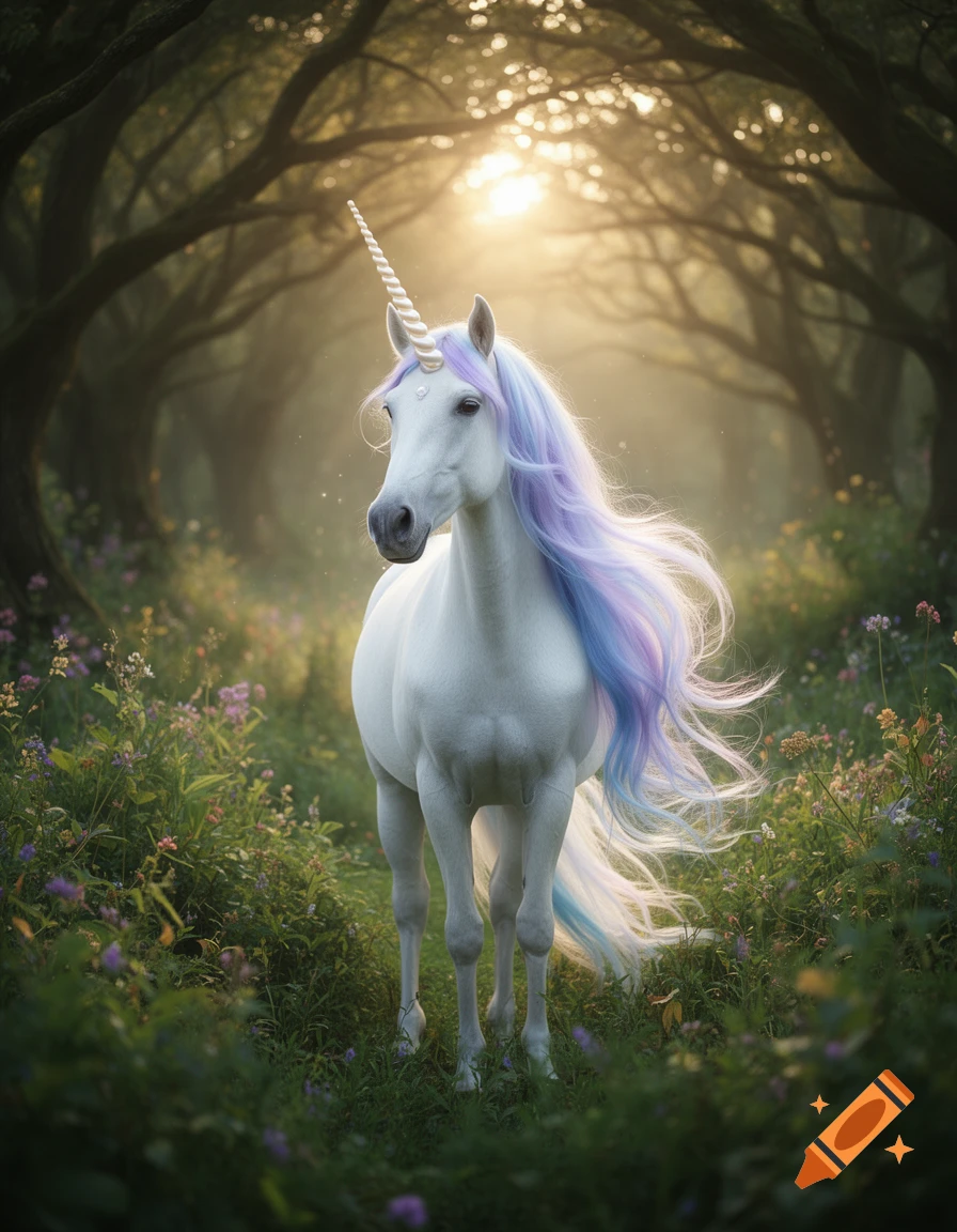 A majestic white unicorn with a pastel purple and blue mane and tail stands in a sun-dappled magical forest filled with wildflowers.