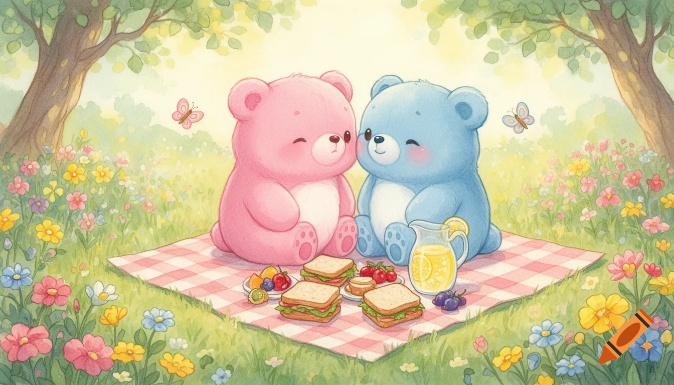 A pink and a blue pudgy bear share a watercolor picnic with sandwiches and lemonade in a field of colorful flowers.