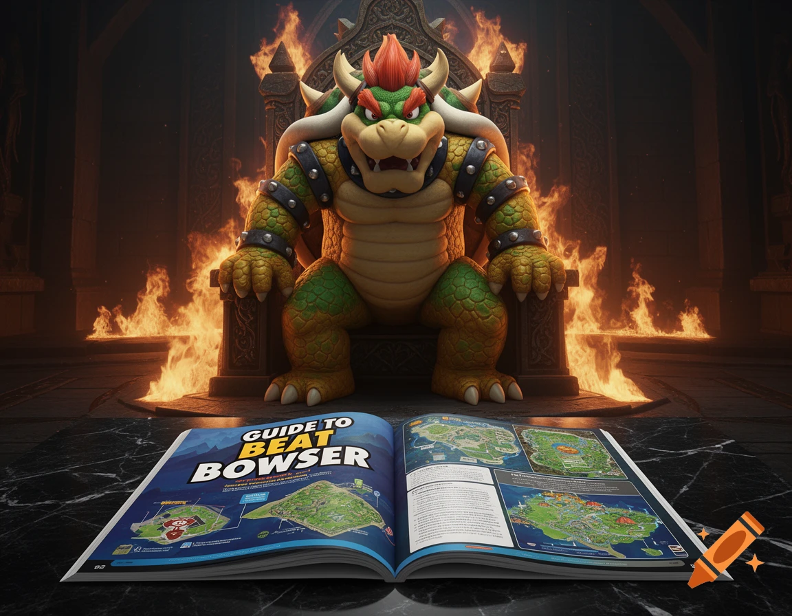 Bowser on a fiery throne with an open book titled 'GUIDE TO BEAT BOWSER' on a marble floor in the foreground.