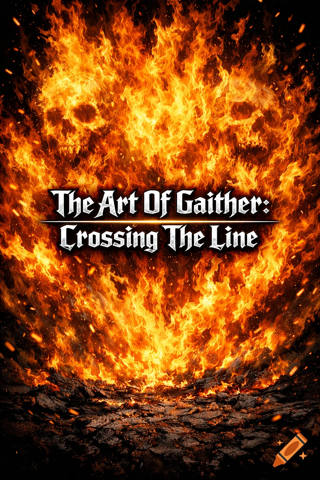 Massive fire with skulls forming in flames, dark charred ground, text "The Art Of Gaither: Crossing The Line".