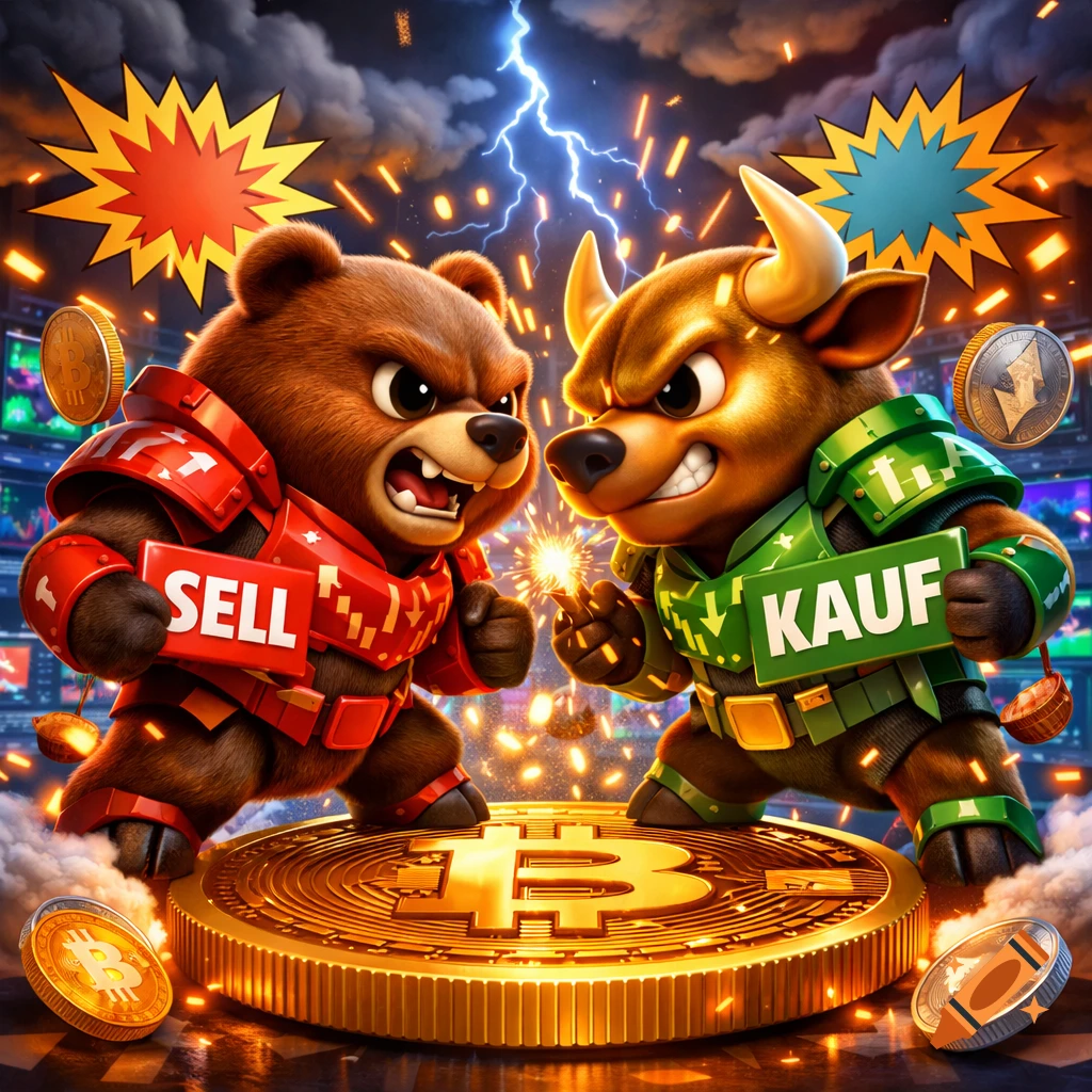 A cartoon bear in red armor with a 'SELL' sign faces a bull in green armor with a 'KAUF' sign on a giant Bitcoin coin.