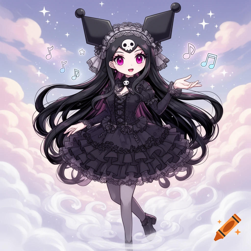Anime girl with black hair and purple eyes in a black Gothic Lolita dress with skull details, floating in pastel clouds.