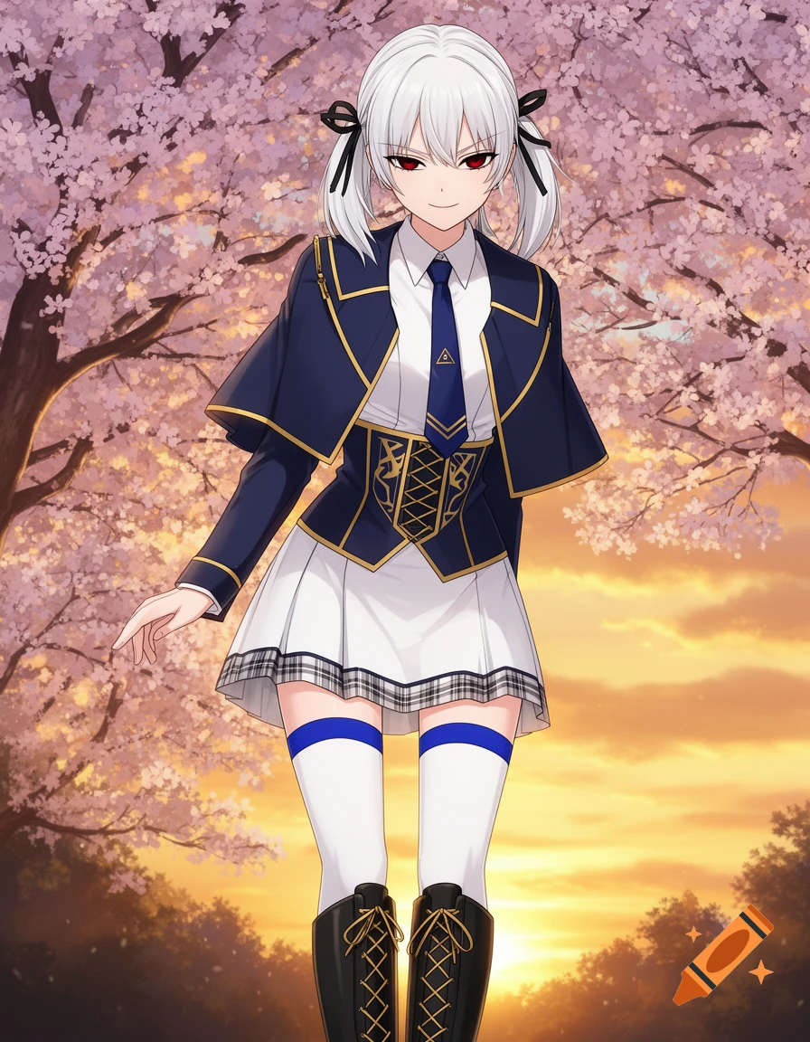 An anime girl with white pigtails and red eyes wears a navy academy uniform with a white skirt and boots, standing under cherry blossoms at sunset.