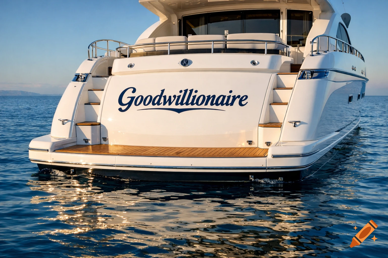 Back of a white luxury yacht named "Goodwillionaire" on blue ocean water with sun reflections.