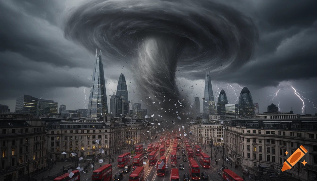 A massive photorealistic tornado over a city resembling London, with skyscrapers, red buses, and lightning in a stormy sky.