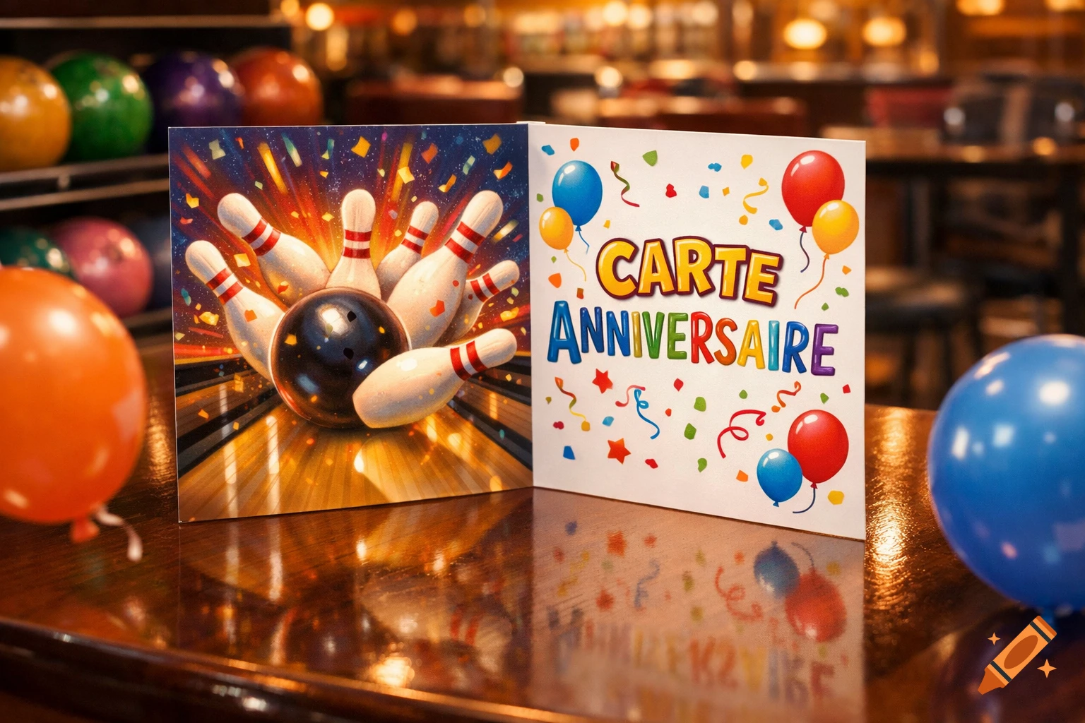 A birthday card featuring bowling pins and a ball, confetti, and balloons on a glossy wooden surface.