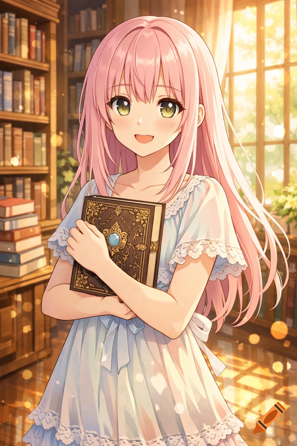 Anime girl with pink hair and green eyes smiling, holding an ornate book in a sunny library.
