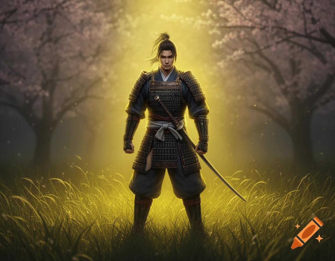A detailed male samurai warrior in dark armor holds a sword, standing in a golden-lit field under cherry blossom trees.
