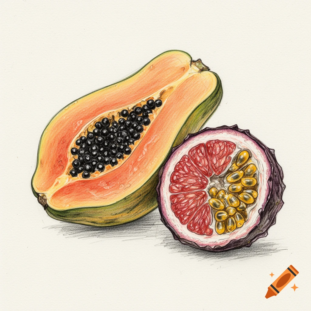 Colored pencil sketch of a halved papaya with black seeds and a halved purple tropical fruit with red segments and yellow seeds.