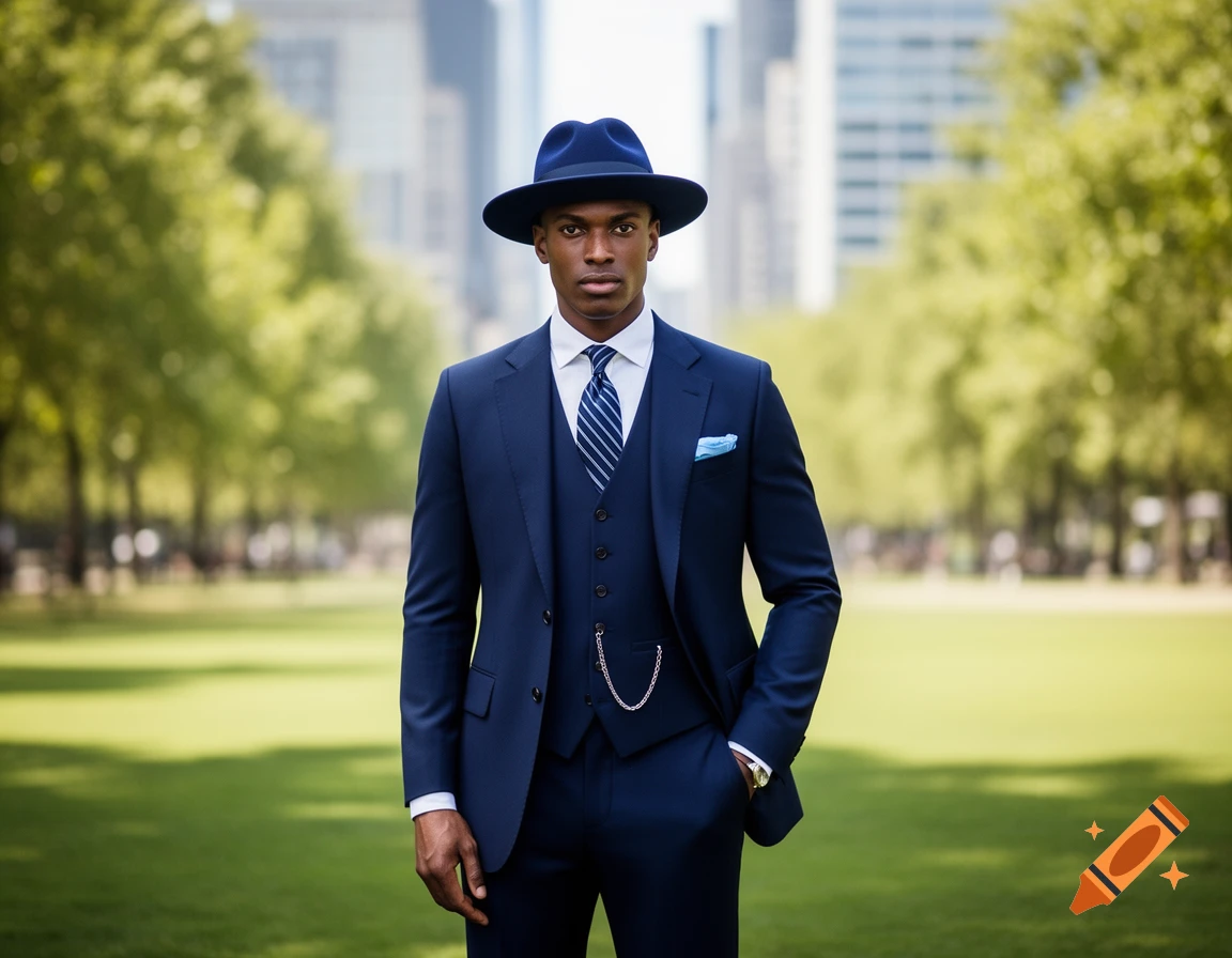 A man in a navy blue three-piece suit and fedora stands in a park with blurred city buildings in the background.