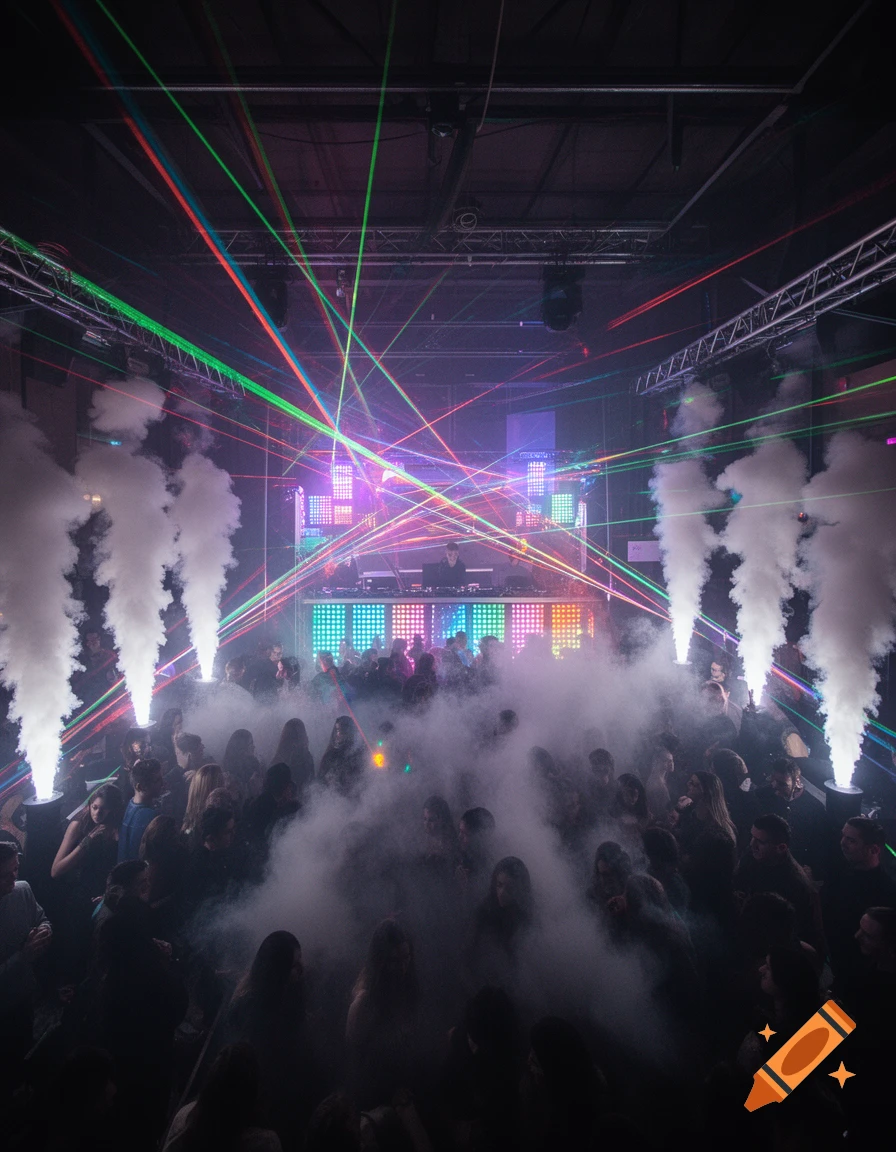 A vertical shot of a crowded techno nightclub with a DJ, colorful lasers, and white smoke spraying into the crowd.