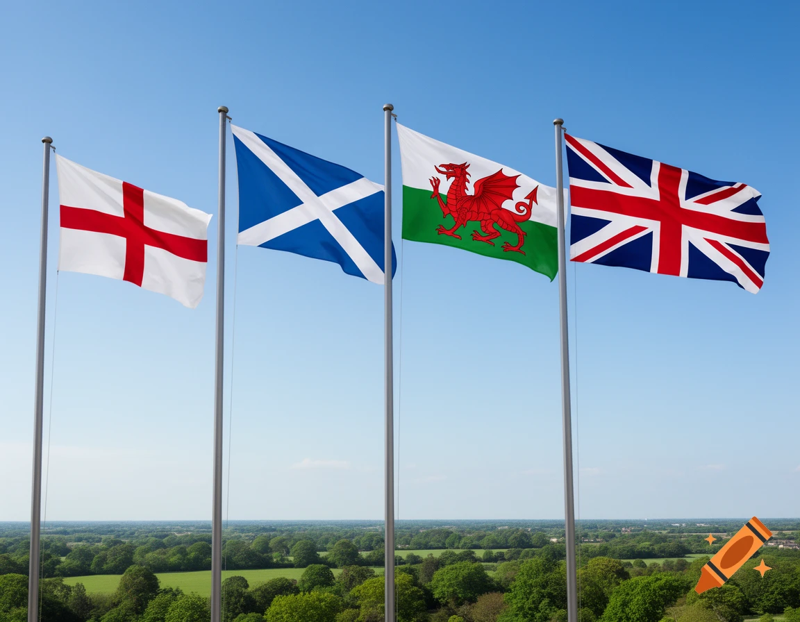 Four flags, England, Scotland, Wales, and the Union Jack, fly proudly against a clear blue sky above a verdant, treed landscape.