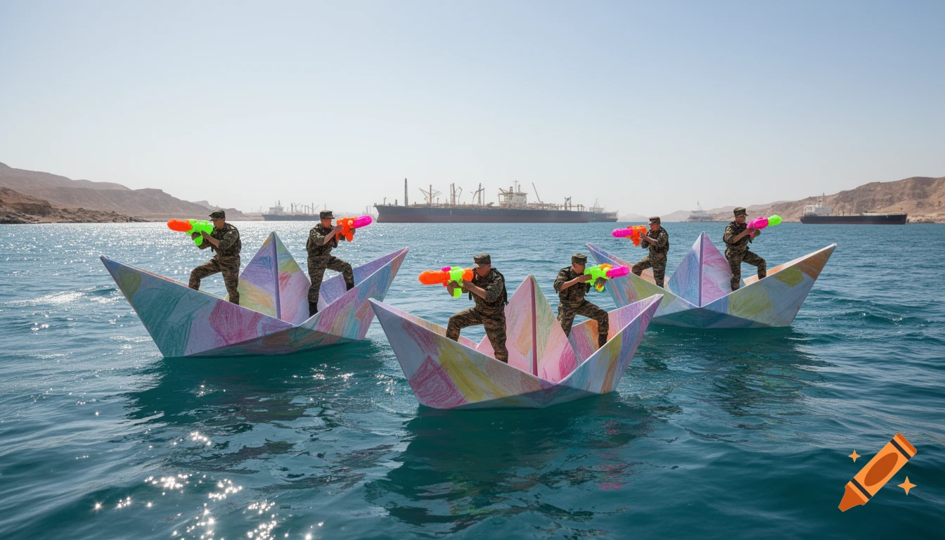 Soldiers in camouflage uniforms stand in colorful, oversized paper boats on blue water, aiming bright water pistols.