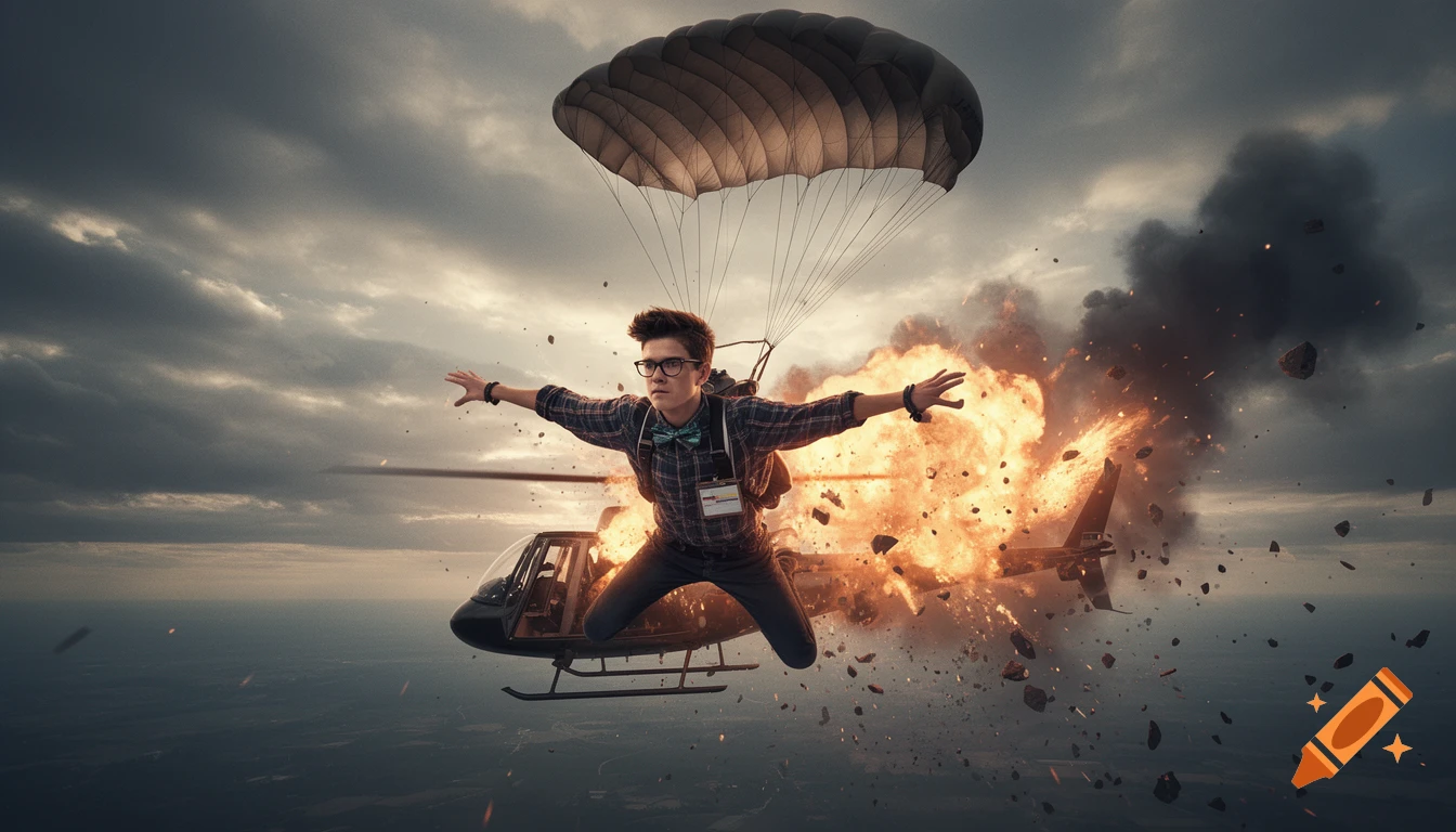 A man with glasses and a plaid shirt parachutes away from an exploding helicopter high above a cloudy landscape, photorealistic style.