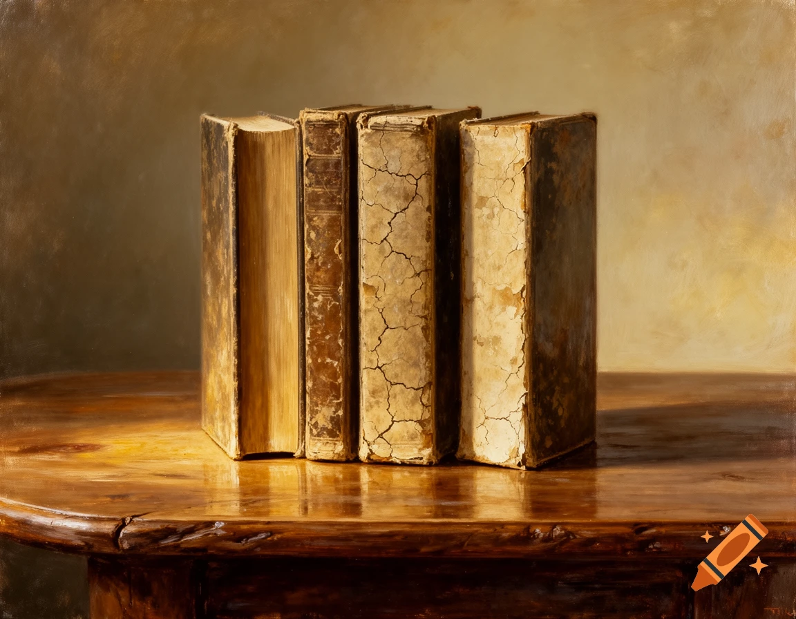 Three old, worn hardcover books with blank covers stand upright on a polished wooden table, rendered in an oil painting style.
