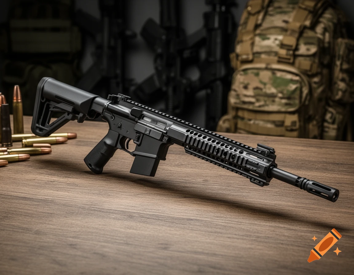 A photorealistic black assault rifle and several bullets rest on a wooden table, with blurred military gear in the background.