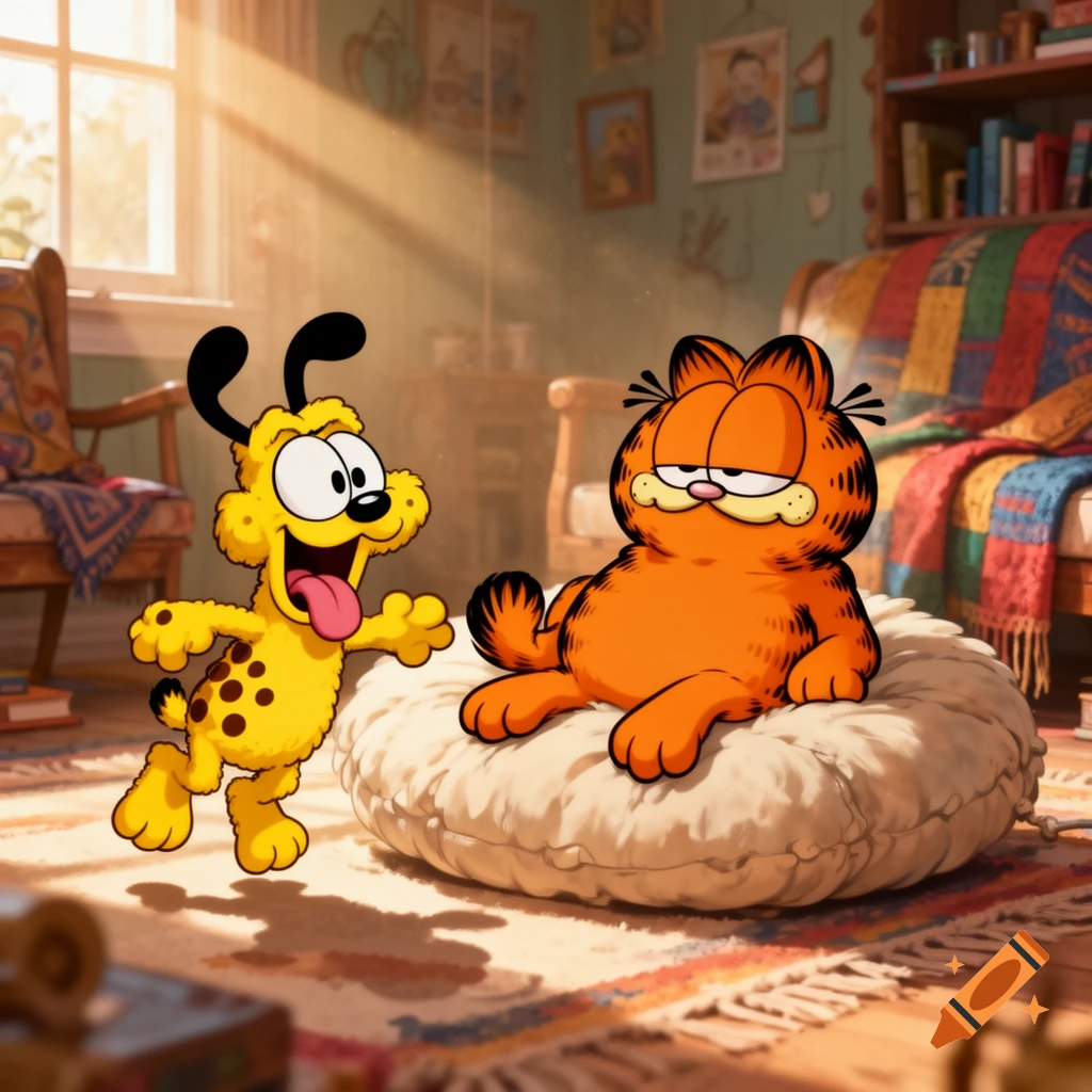Cartoon Garfield lounging on a pillow with a playful Odie jumping nearby in a sunlit living room.