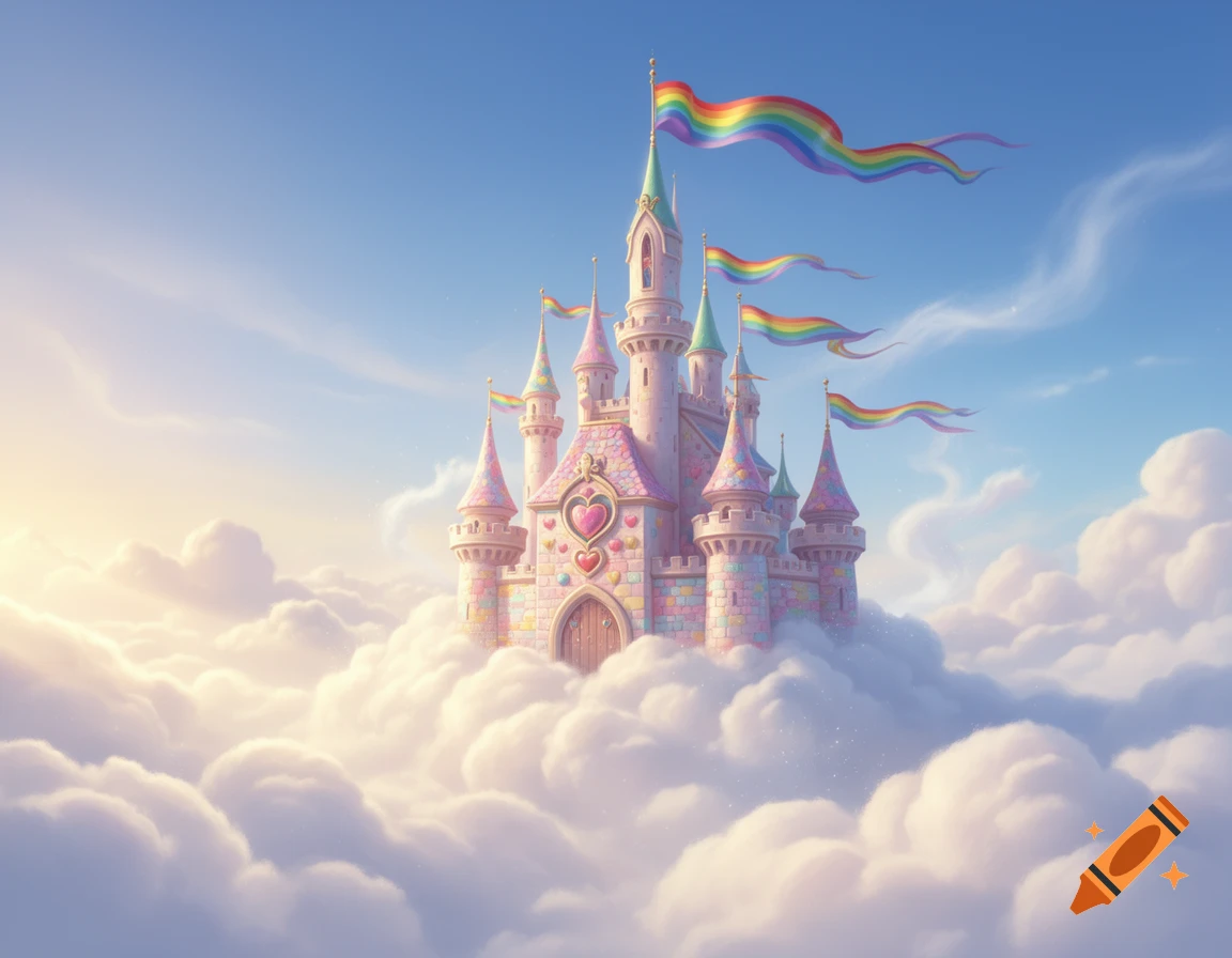 A pastel-colored whimsical castle with rainbow flags on its towers floats on fluffy white clouds under a blue sky.