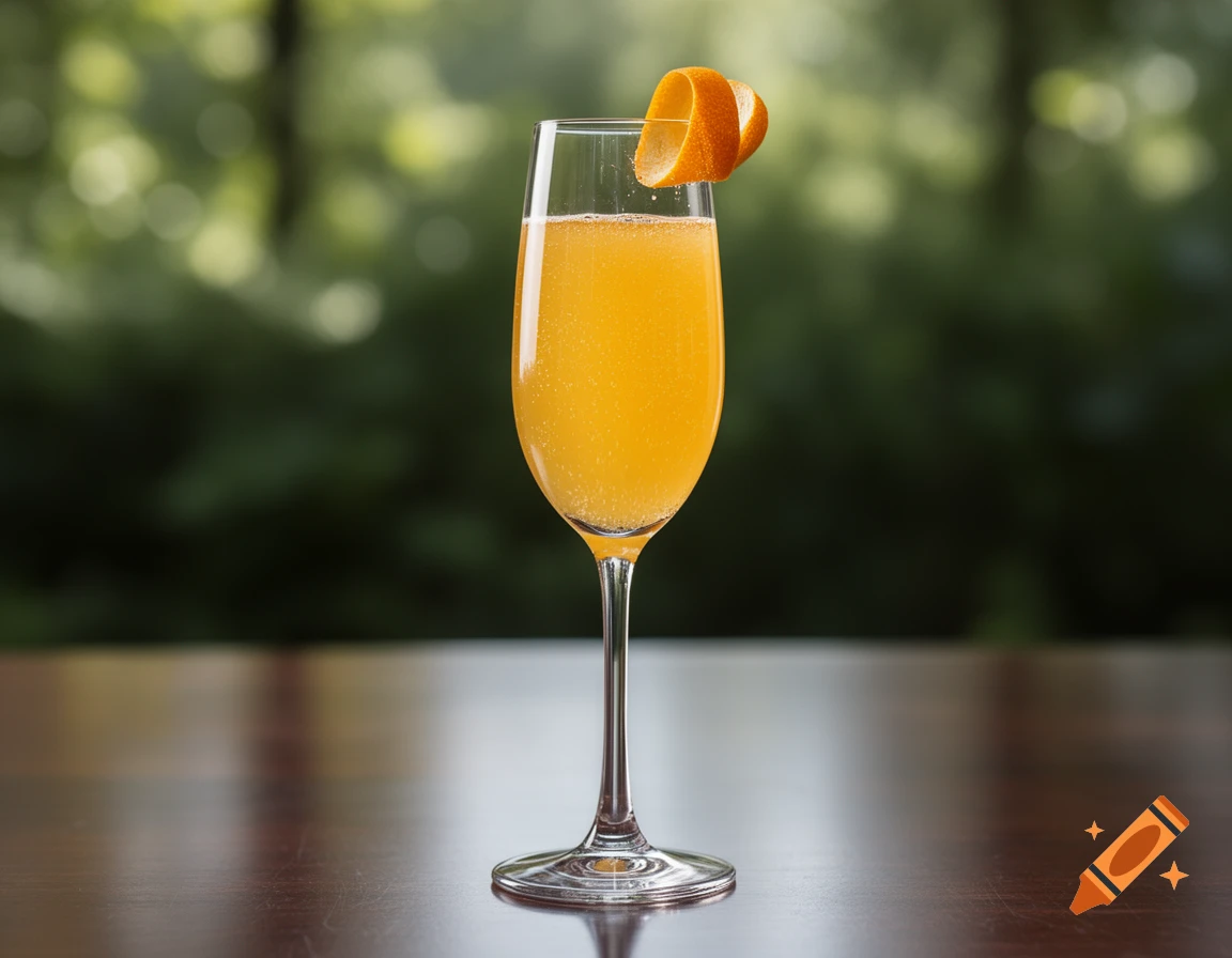 A mimosa cocktail in a flute glass garnished with an orange peel, on a dark wooden table with a blurred green background.