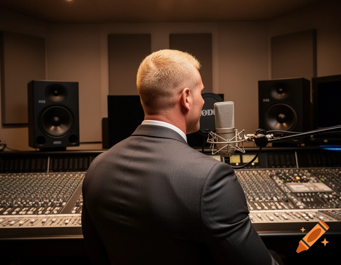 A man with short blonde hair seen from behind in a professional recording studio, speaking into a RØDE microphone, with a large mixing console and studio monitors in the foreground.