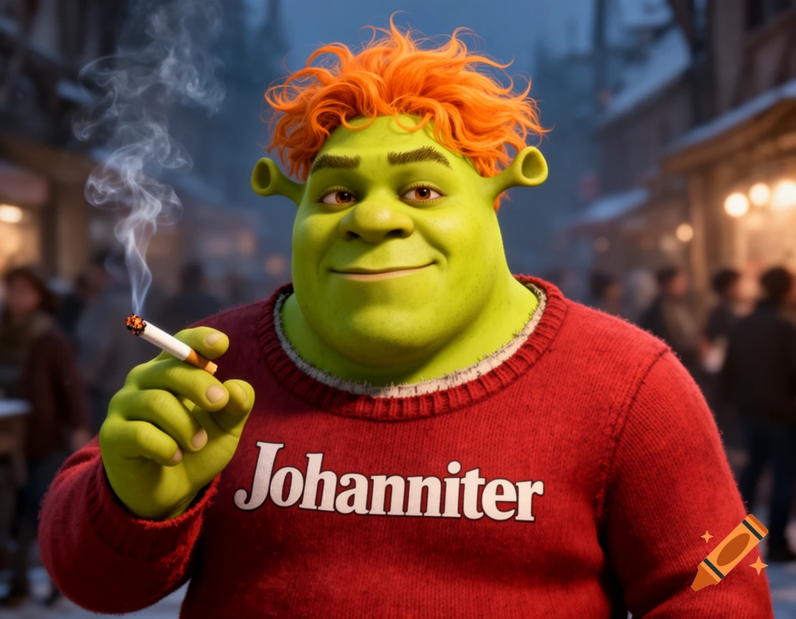 Photorealistic Shrek with vibrant orange hair, wearing a red "Johanniter" sweater, holding a lit cigarette in a snowy outdoor setting.