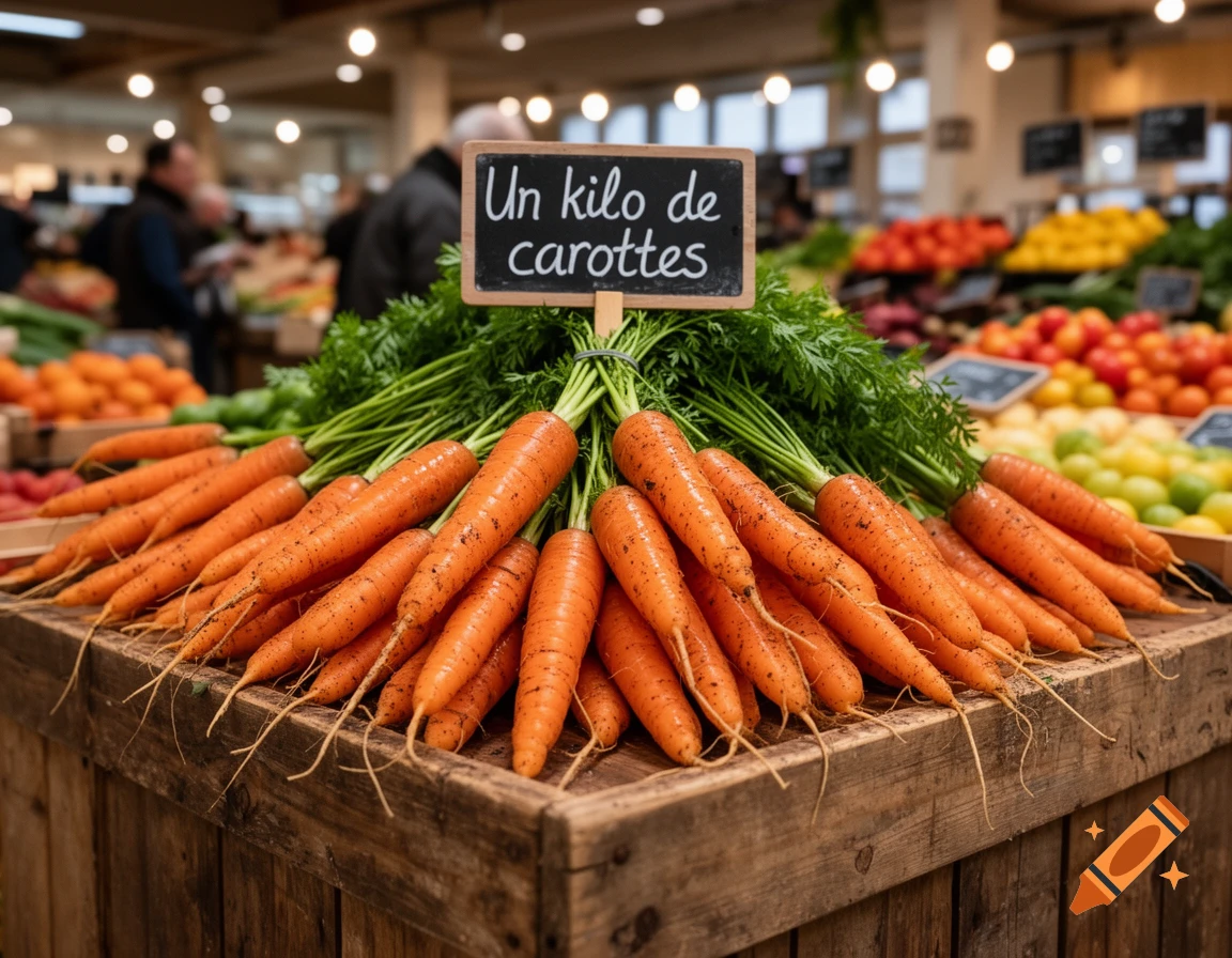 A large pile of fresh carrots with green tops on a wooden crate at a market, with a sign 'Un kilo de carottes'.